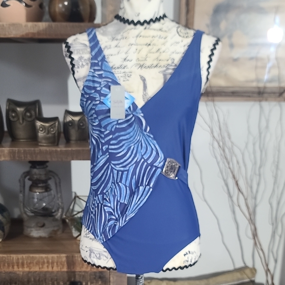 Blue One-Piece Swimsuit with Patterned Wrap Accent